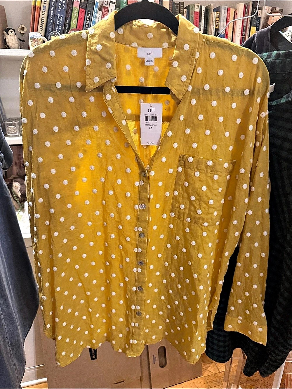 J. Jill Swiss Dot Button-Down Shirt Yellow & White Medium NWT